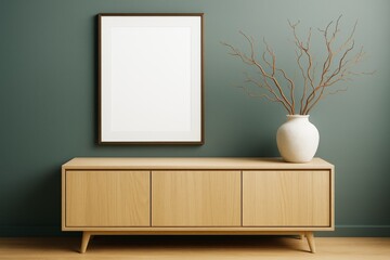 Modern interior with wooden cabinet, blank frame on green wall, and decorative vase with branches in contemporary empty room. Ai generative.