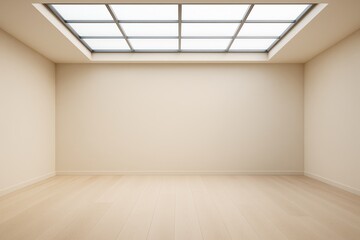 Obraz premium Minimalist modern empty room with skylight ceiling and wooden floor, clean beige walls and soft natural lighting for interior branding mockup..