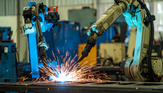 Robotic Arm Welding: A robotic arm expertly welds metal, its actions producing a captivating display of sparks and precision in a modern industrial environment.