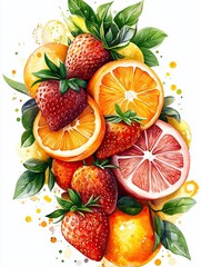 Vibrant Watercolor Artwork of Strawberries and Oranges