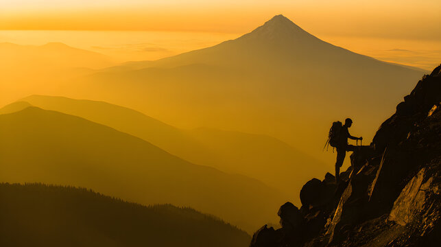 A mountain climber gazes at a distant peak, silhouetted against a golden sunrise in a dramatic landscape.