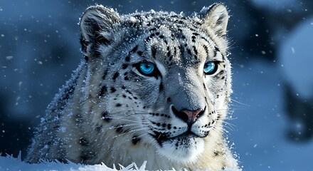 A majestic snow leopard with piercing blue eyes looks on as snowflakes gently fall on its thick fur.