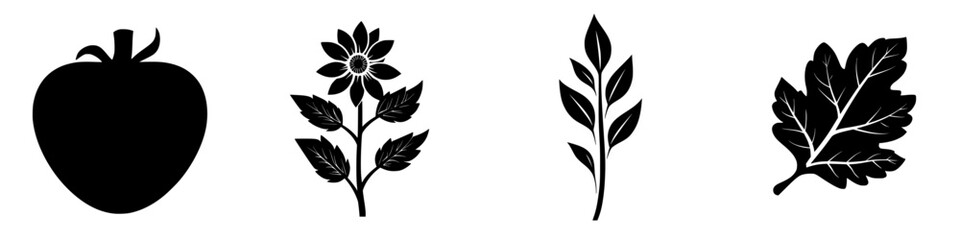 Silhouettes of fruits and plants showcase nature's beauty and diversity in a minimalist design ideal for artistic inspiration