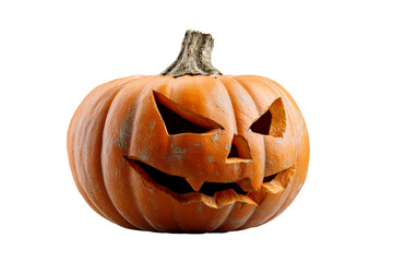 Carved Halloween Pumpkin With Scary Face and Stem Isolated on White