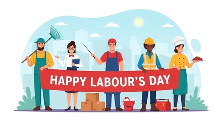 Diverse group of workers from various professions celebrating International Labour Day. Flat vector illustration with professionals holding a festive banner.