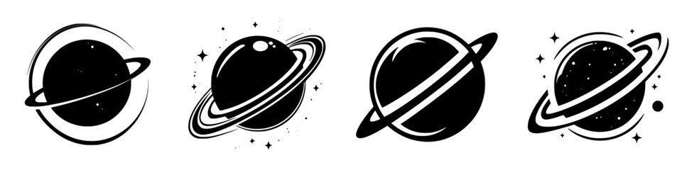 Fototapeta premium Different designs of planets with rings and stars on a white background showcase creative interpretations of celestial bodies
