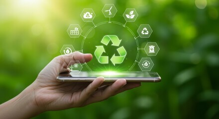 Green Technology and Recycling Solutions - Hand holding phone displaying recycling icons, representing sustainable technology and eco-friendly practices. Green background