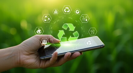 Green Technology Mobile App for Recycling - Hand holding smartphone displaying recycling app interface with green eco-friendly icons, promoting sustainable practices