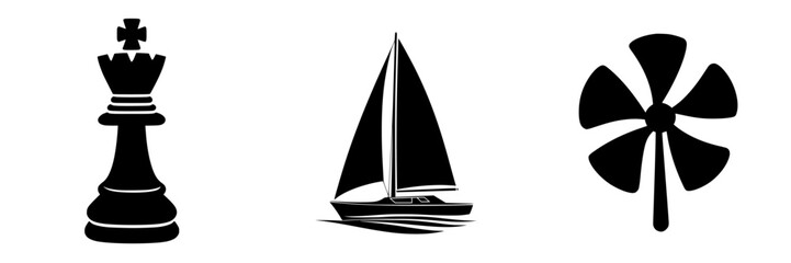 Creative black and white illustrations of a chess piece, sailboat, and propeller against a minimalistic backdrop