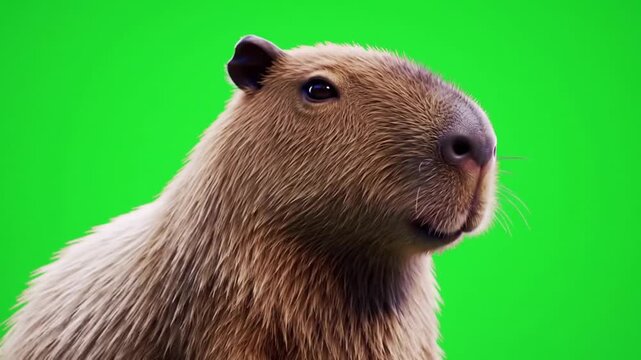 Charming capybara close-up portrait with expressive eyes, looking gently to the right against a vibrant green screen, ideal for versatile compositing in creative projects.