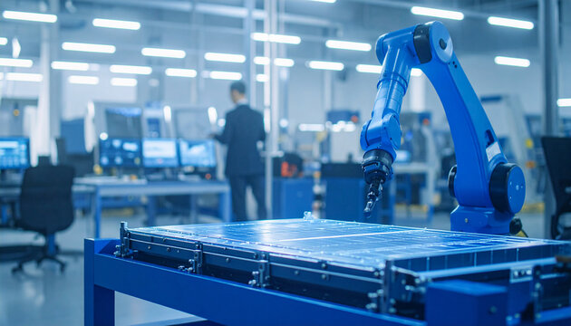 Robotic Arm in the Factory: A state-of-the-art robotic arm meticulously executes precise movements on a factory assembly line, showcasing advanced technology.