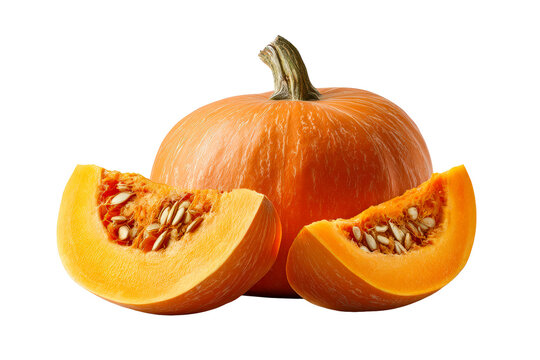 Whole orange pumpkin with two sliced wedges revealing seeds and flesh