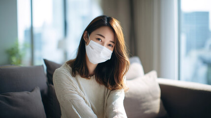 リビングでマスクをして休む女性02