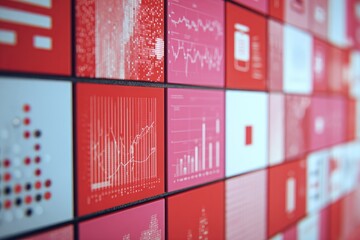 A wall of red and white data visualization panels