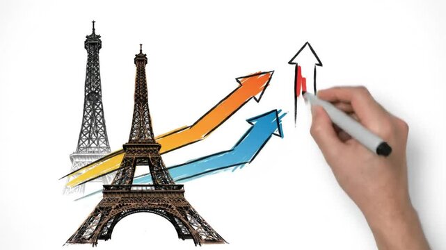 Hand-drawn Eiffel Tower with upward trending arrows