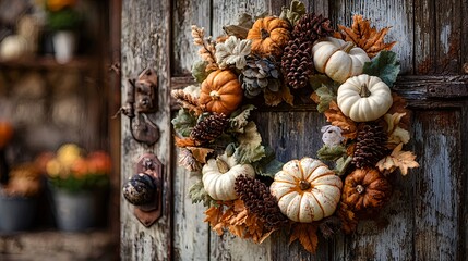 Beautiful autumn wreath decorated with mini pumpkins, pinecones, and fall leaves, hanging on a rustic wooden door. Perfect seasonal decoration for Thanksgiving, harvest celebrations, and cozy fall hom