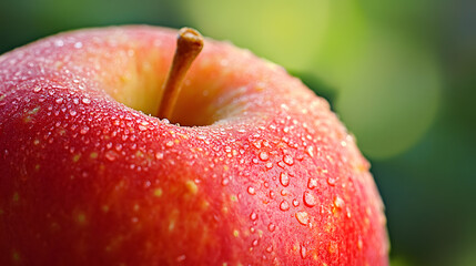 A close-up of a red apple with water droplets, showcasing its fresh and vibrant texture.