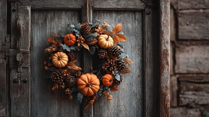 Beautiful autumn wreath decorated with mini pumpkins, pinecones, and fall leaves, hanging on a rustic wooden door. Perfect seasonal decoration for Thanksgiving, harvest celebrations, and cozy fall hom