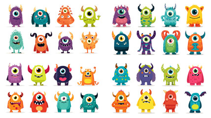 Obraz premium Vibrant cartoon illustration of one-eyed monsters in diverse shapes and colors. Great for kids’ designs, fun party graphics, or character concept art.