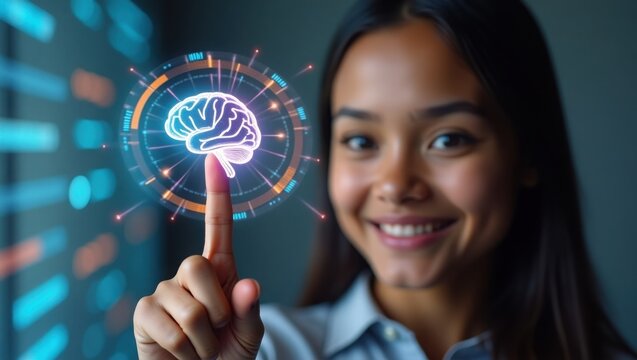 A person with a gentle smile and curious brown eyes touching the screen show the brain , young woman holding a light bulb