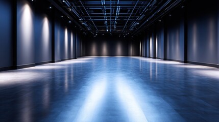 Fototapeta premium Spacious modern gallery with polished floor and dramatic lighting, ideal for exhibitions and events