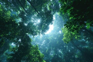 Obraz premium Lush canopy of trees, sunlight filtering through leaves, serene