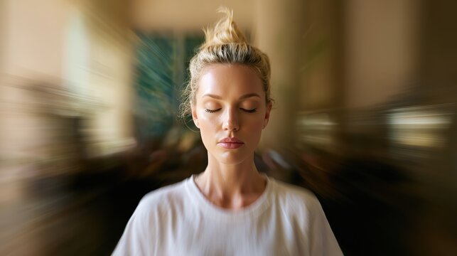 A woman meditating with closed eyes and hair in a ponytail, exuding a serene and focused atmosphere that captures calmness and mindfulness in a peaceful moment.