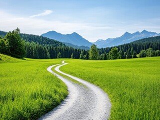 Winding country road through green field, mountain backdrop, sunny day, idyllic landscape; travel poster
