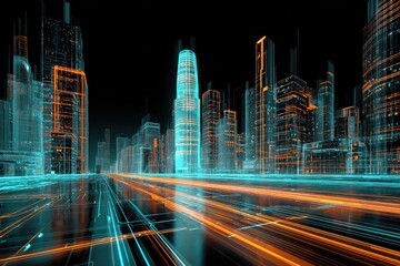 Fototapeta premium Futuristic cityscape at night with glowing network lines
