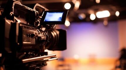 Professional video camera positioned in a studio, capturing a scene with soft lighting and empty chairs