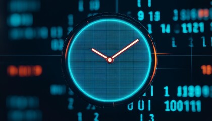 A digital clock face overlaid on a background of binary code, symbolizing technology and time.