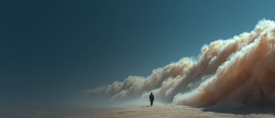 Desert traveler experiences a sandstorm at dusk