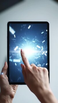 Top-down extreme close-up video of elegant professional hands interacting with a futuristic ultra-thin transparent digital tablet, chaotic data transforming into a crisp holographic infographic,