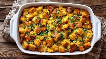 Close-up of traditional homemade bread stuffing baked with fresh herbs in a white ceramic baking dish, a classic Thanksgiving side dish served during holiday dinners.