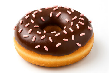 Chocolate frosted donut with pink sprinkles, sweet indulgent pastry perfect for breakfast treats, snacks, and dessert lovers