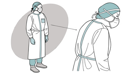 Illustration showing a person in protective medical gear with a detailed back view on the right