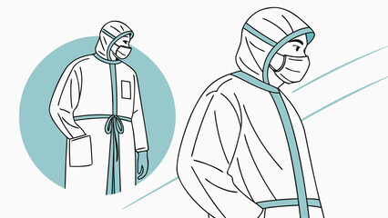 Two figures wearing protective suits and face masks standing in a white background space with lines