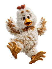 A silly chicken mascot, mid-fall with its wings raised and feet splayed, looks at the camera with a surprised and worried expression, isolated on a transparent background.
