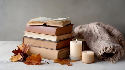 Fototapeta premium Cozy autumn scene with a stack of vintage books and candles