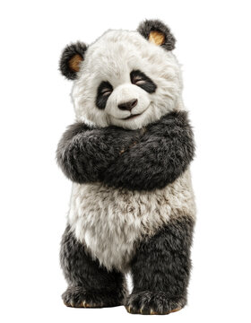A fluffy panda mascot with its eyes closed, arms crossed, and a sweet expression, is isolated on a transparent background.