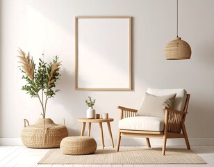 Interior scene featuring a blank framed poster above a wooden armchair, side table, and potted plant in a bright, minimalist room with natural textures.