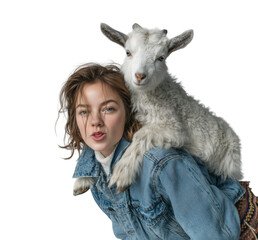 A playful young woman in a denim jacket, with a small white goat on her back, makes a silly face, isolated on a transparent background.
