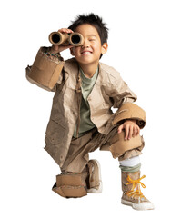 An Asian boy, dressed in a handmade explorer outfit and holding cardboard binoculars, kneels and smiles, isolated on a transparent background.
