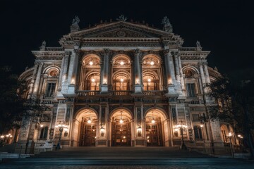 Naklejka premium Illuminated grand building at night, city backdrop, possible tourism poster