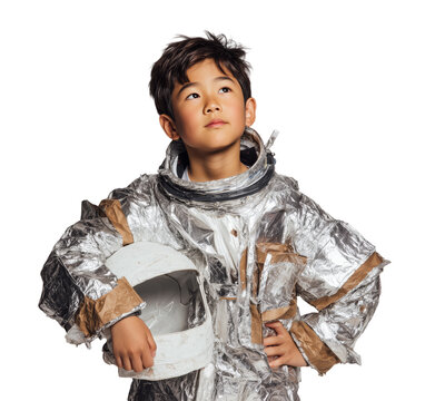 An Asian boy, wearing a handmade astronaut suit and holding a helmet, looks up and to the side, isolated on a transparent background.