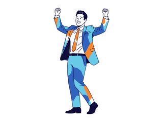 Victory in the Workplace: An illustration captures a delighted professional radiating elation with raised arms and clenched fists, symbolizing accomplishment and celebration of a triumph.