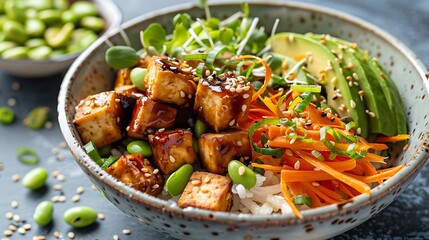 Healthy vegan tofu poke bowl with avocado and edamame