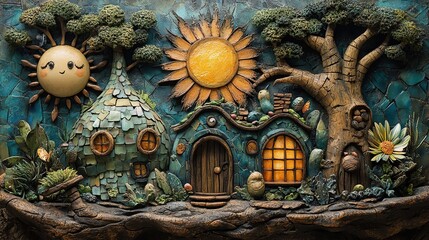 Fototapeta premium Enchanting mural sculpture of a whimsical house with glowing windows nestled between a smiling sun and a large tree surrounded by flowers bees and natural fantasy elements