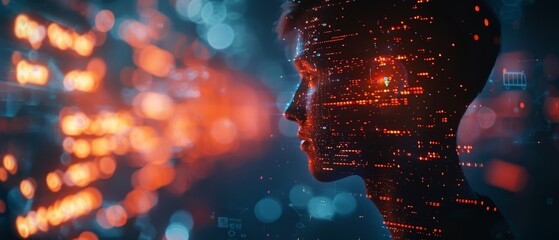 A silhouette with digital data and glowing lights, creating a futuristic and tech-focused atmosphere.