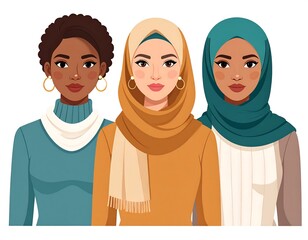 Diverse Women in Headscarves and Sweaters, Portrait Style.